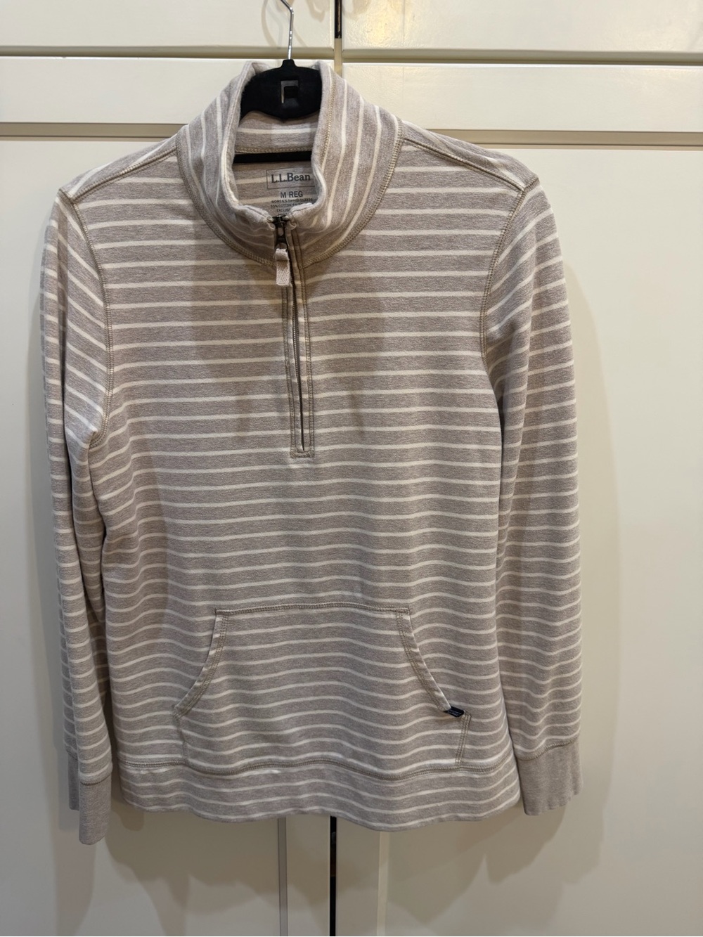 L.L. Bean Women's Beige and White Striped Quarter-Zip Funnel Neck Sweater